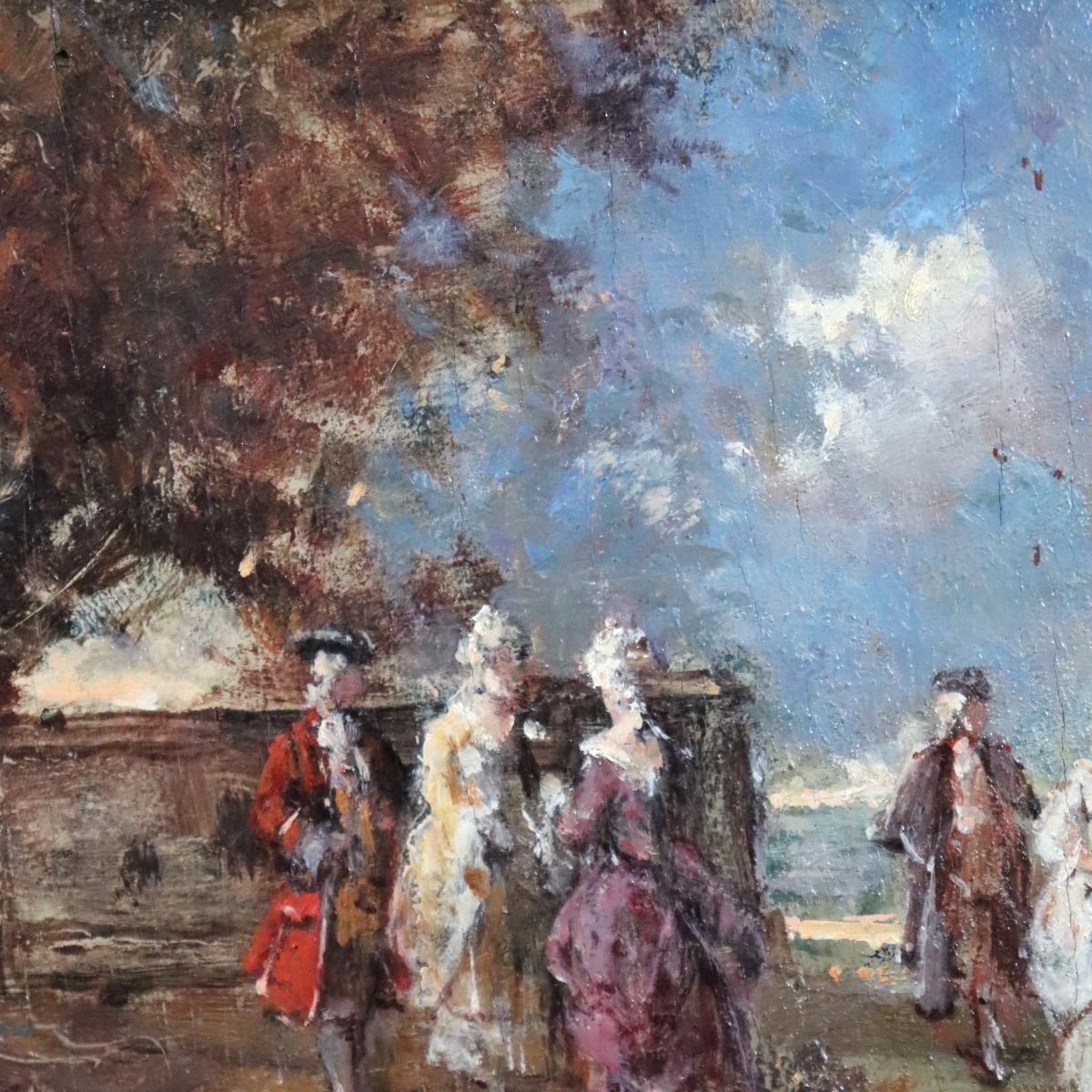 Romantic Scene, Oil Painting On Wood Panel Signed N. Sidoli, Italy, Early 20th Century-photo-5