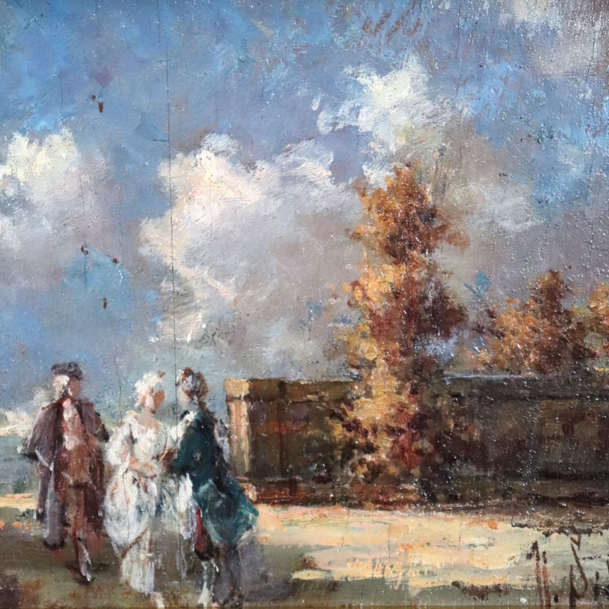 Romantic Scene, Oil Painting On Wood Panel Signed N. Sidoli, Italy, Early 20th Century-photo-7