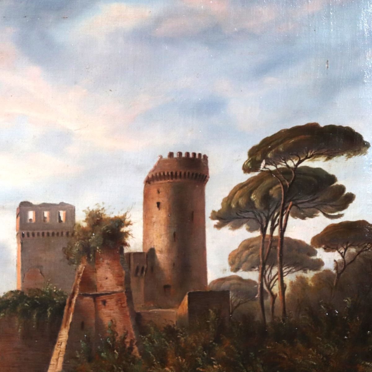 Landscape With A Castle, Oil On Canvas, Signed M.g., Italy, 18th Century-photo-1