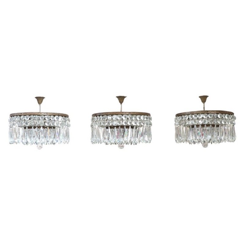 Spectacular Chandeliers With Large Crystal Drops, Italy, Early 20th Century
