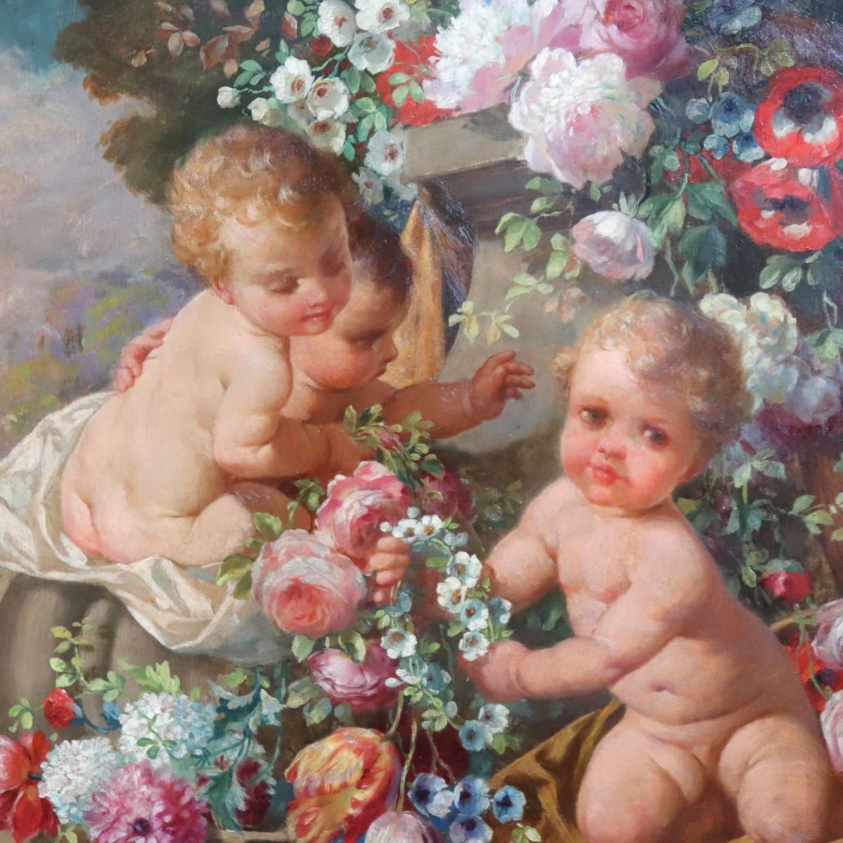 Cherubs With Flowers, Oil Painting On Board Signed, Italy, Early 20th Century-photo-3