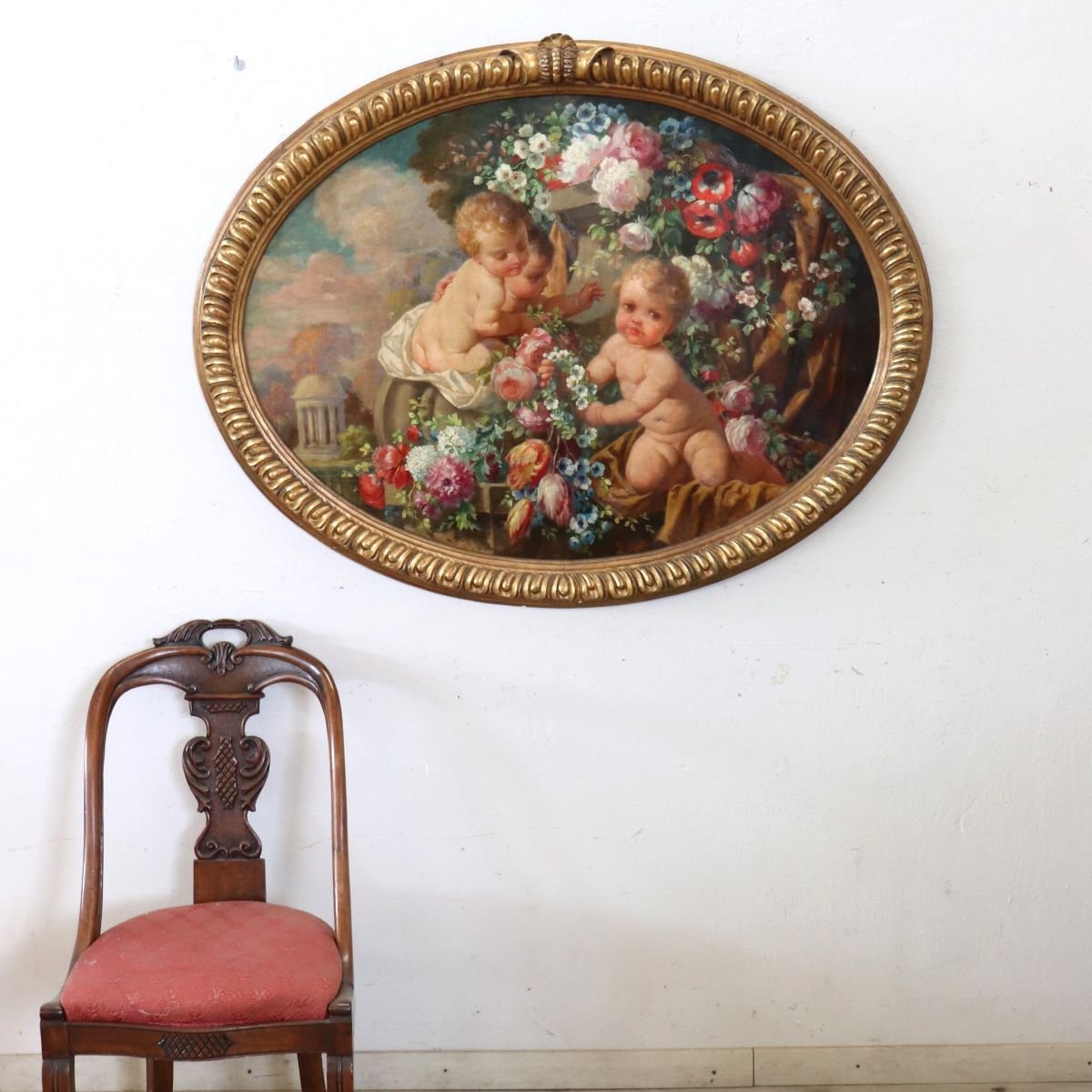 Cherubs With Flowers, Oil Painting On Board Signed, Italy, Early 20th Century-photo-4