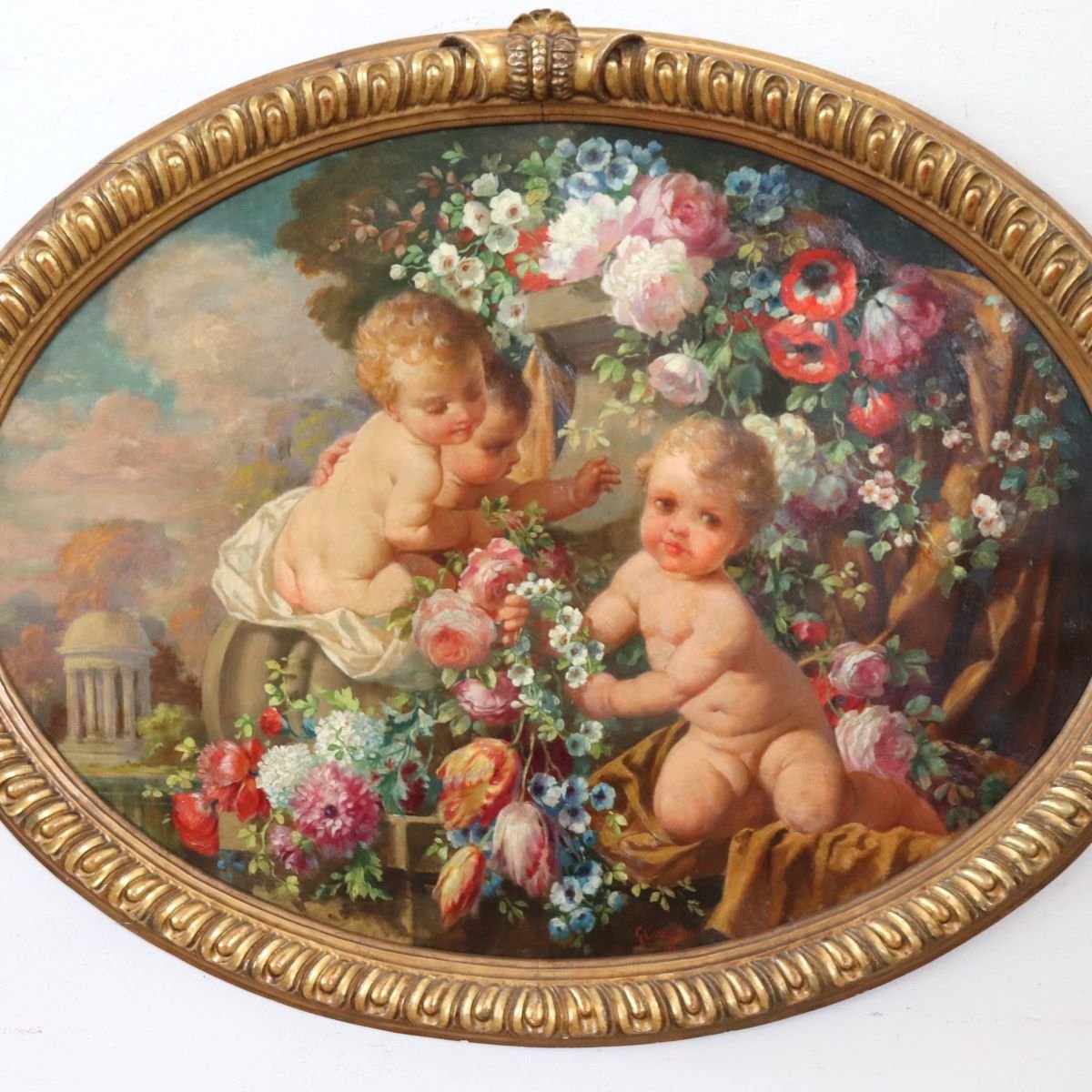 Cherubs With Flowers, Oil Painting On Board Signed, Italy, Early 20th Century-photo-1
