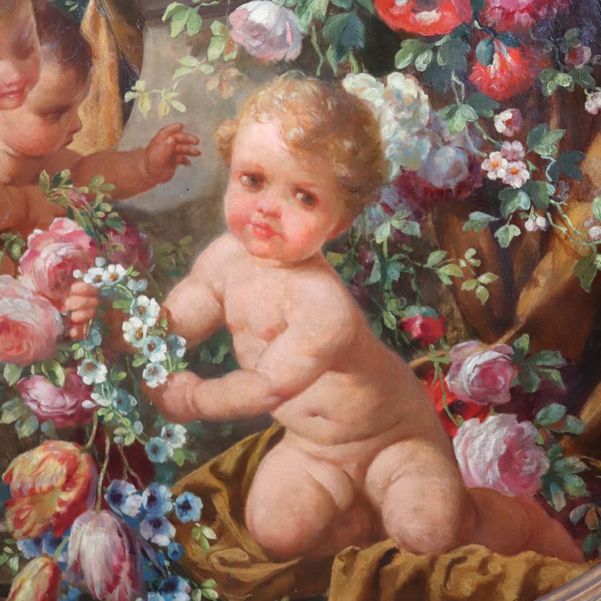 Cherubs With Flowers, Oil Painting On Board Signed, Italy, Early 20th Century-photo-6