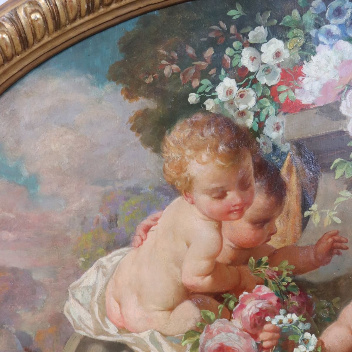 Cherubs With Flowers, Oil Painting On Board Signed, Italy, Early 20th Century-photo-7