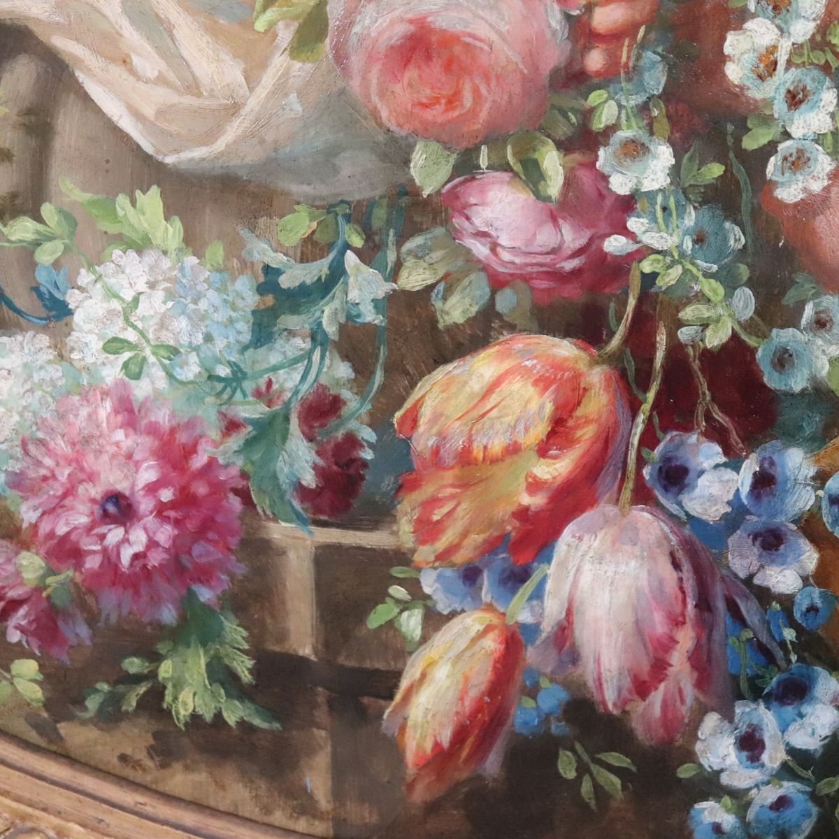 Cherubs With Flowers, Oil Painting On Board Signed, Italy, Early 20th Century-photo-8