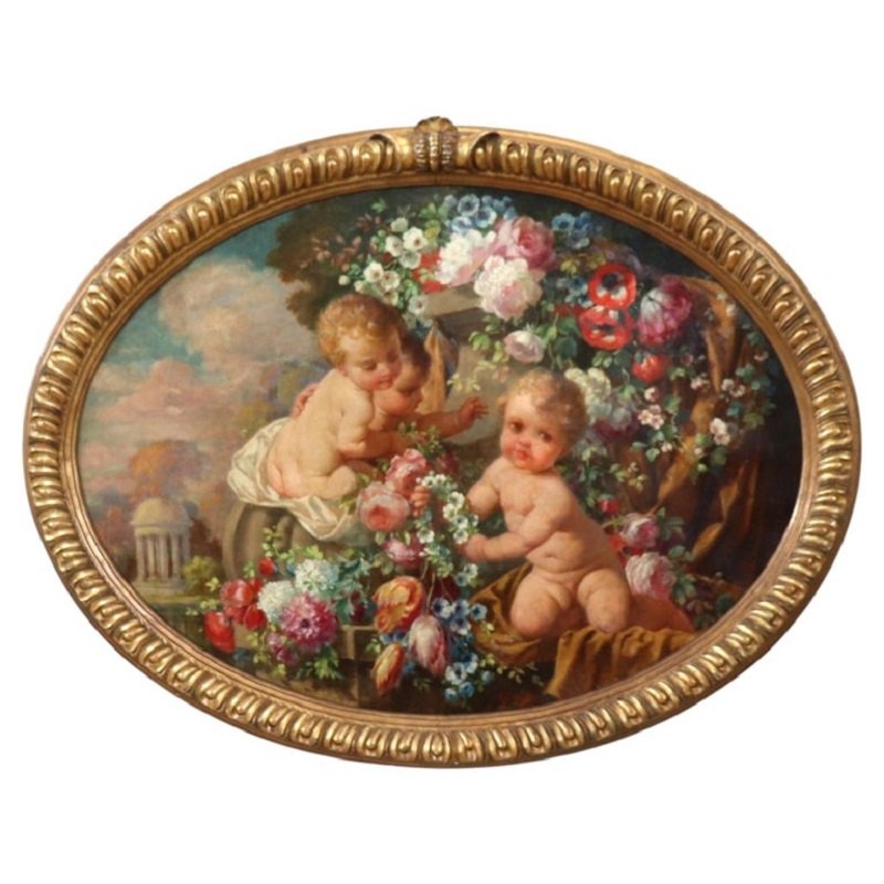 Cherubs With Flowers, Oil Painting On Board Signed, Italy, Early 20th Century