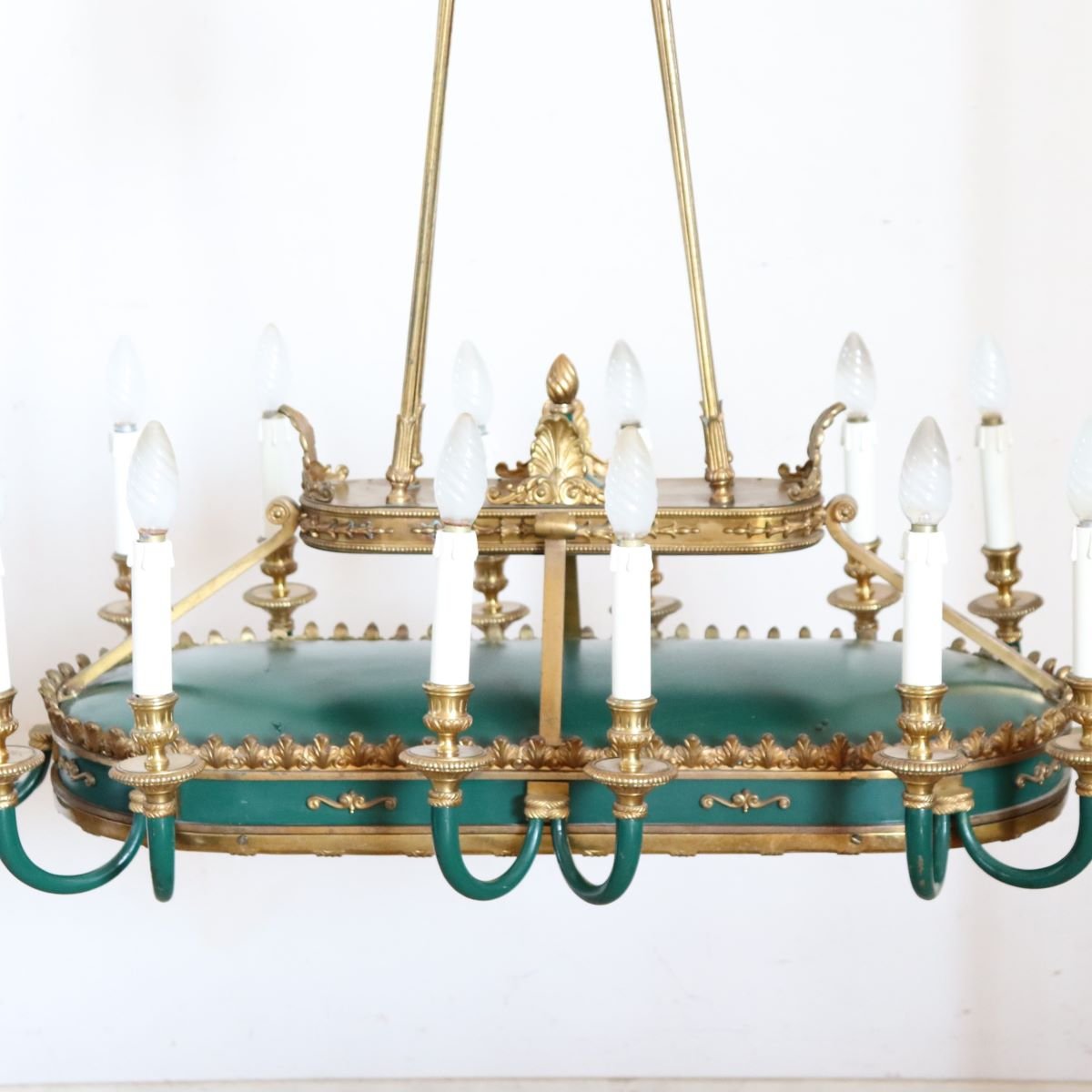 Lustre en bronze doré et métal laqué vert, 20 ampoules, début du XXe siècle-photo-2
