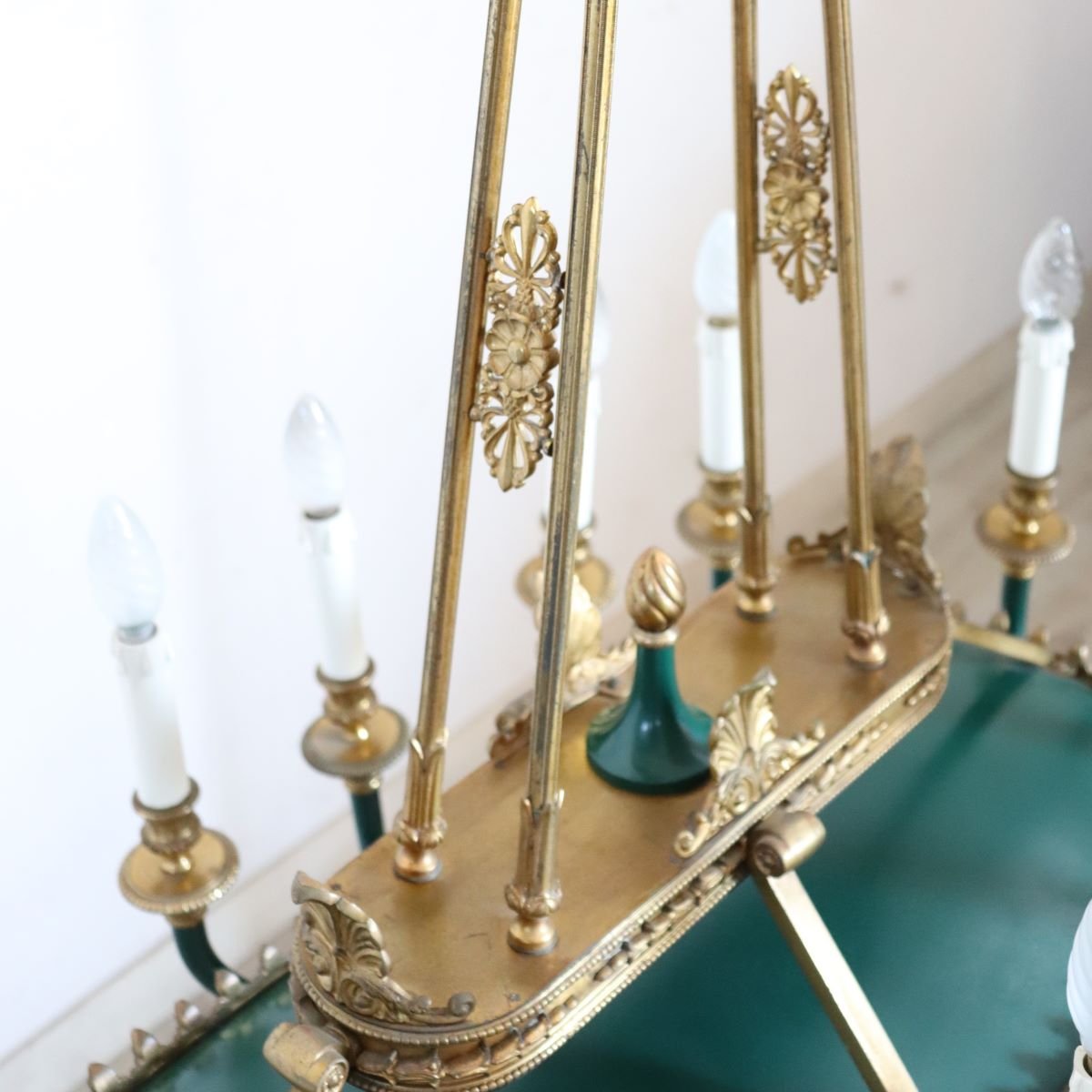 Lustre en bronze doré et métal laqué vert, 20 ampoules, début du XXe siècle-photo-4