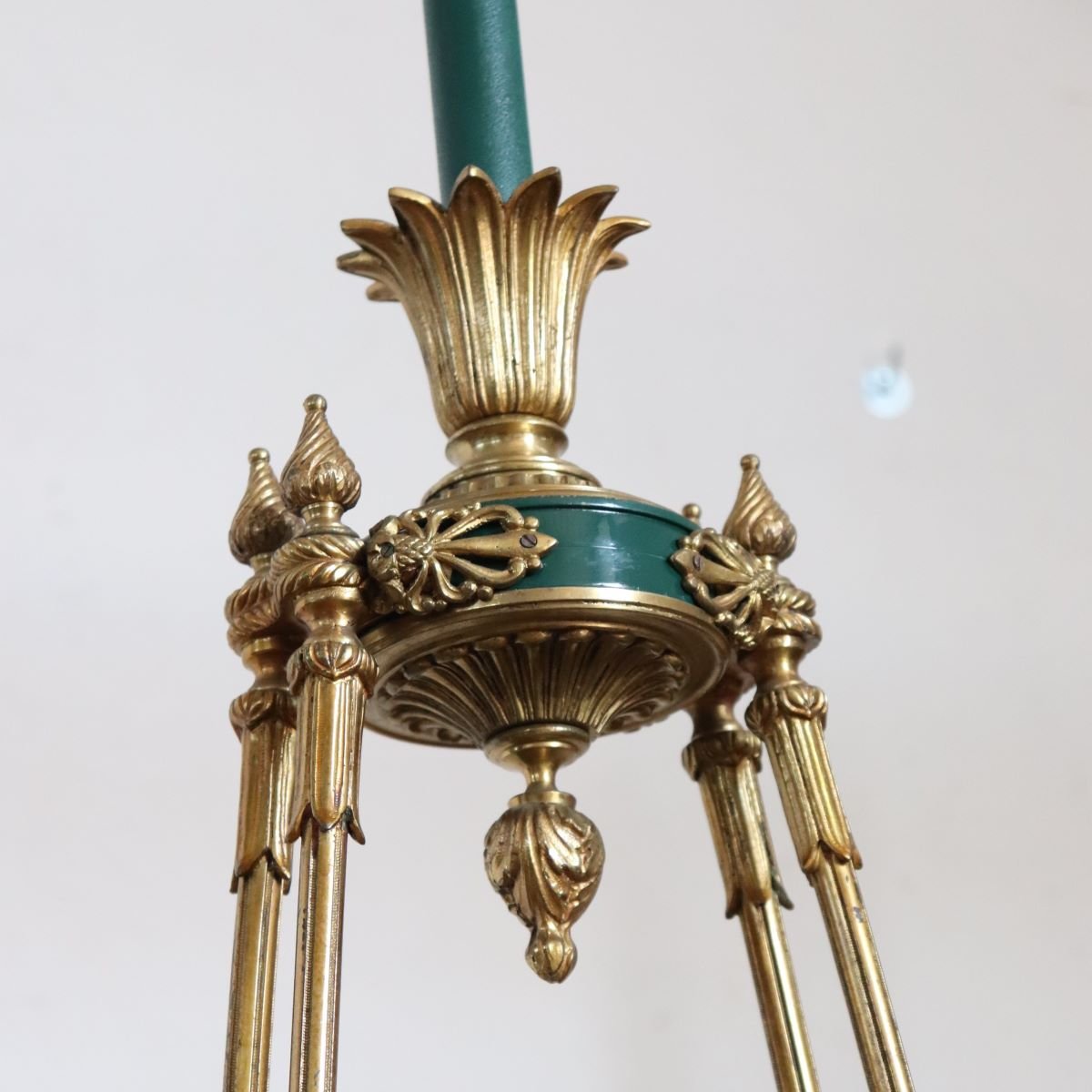 Lustre en bronze doré et métal laqué vert, 20 ampoules, début du XXe siècle-photo-5