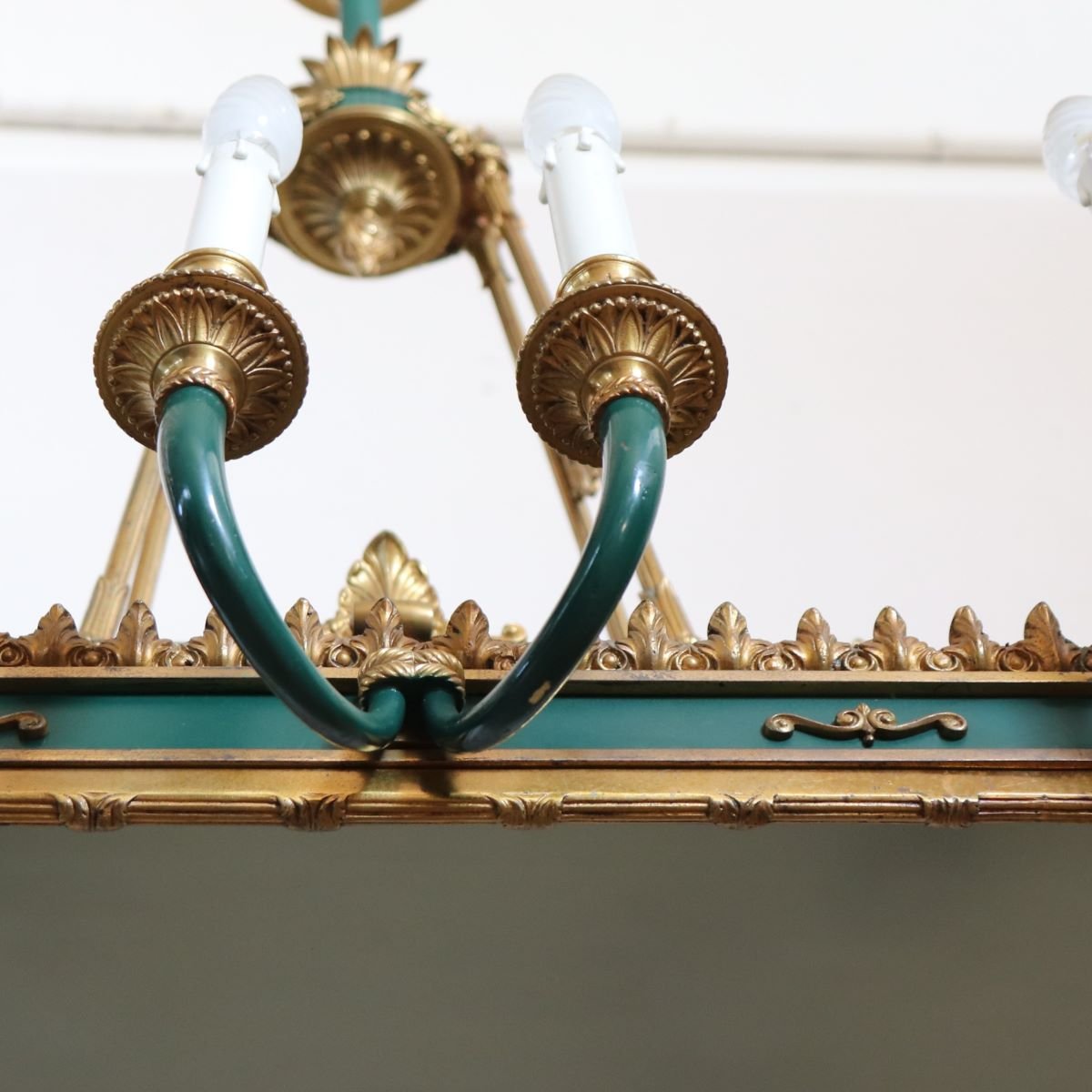 Lustre en bronze doré et métal laqué vert, 20 ampoules, début du XXe siècle-photo-6