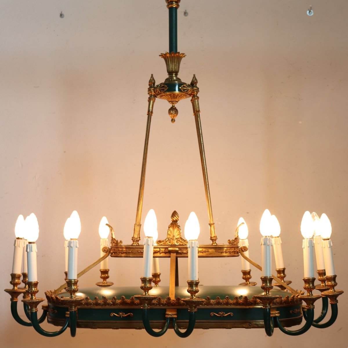Lustre en bronze doré et métal laqué vert, 20 ampoules, début du XXe siècle-photo-7