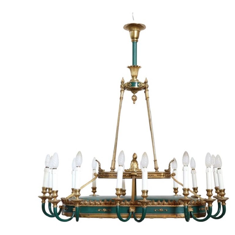 Lustre en bronze doré et métal laqué vert, 20 ampoules, début du XXe siècle