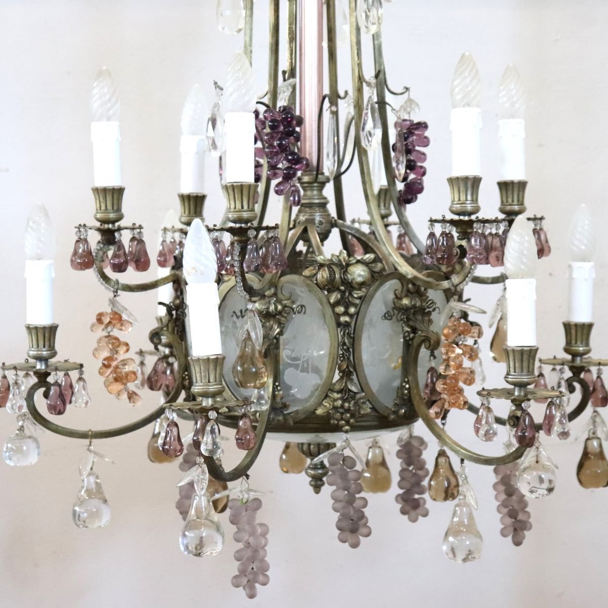 Bronze Chandelier With Glass Fruit-shaped Pendants, 19 Bulbs, Italy, Early 20th Century-photo-2