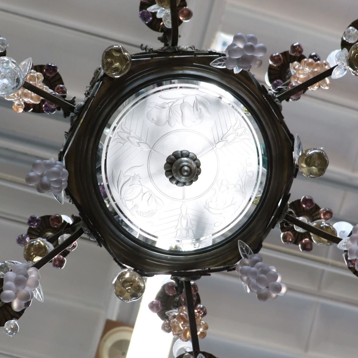 Bronze Chandelier With Glass Fruit-shaped Pendants, 19 Bulbs, Italy, Early 20th Century-photo-4