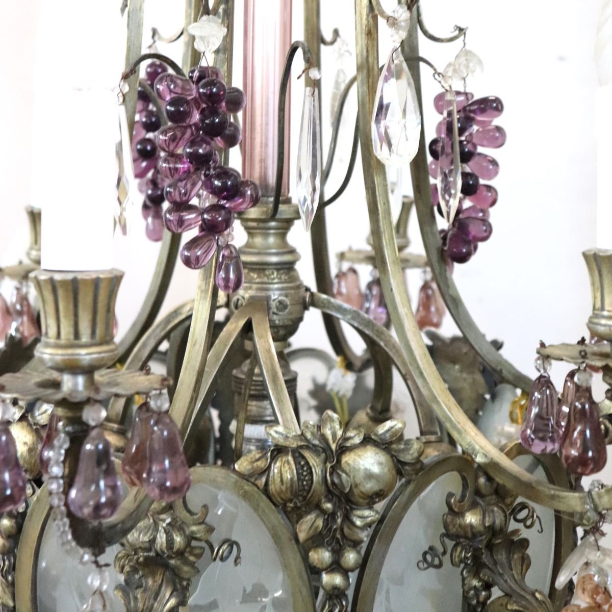 Bronze Chandelier With Glass Fruit-shaped Pendants, 19 Bulbs, Italy, Early 20th Century-photo-5
