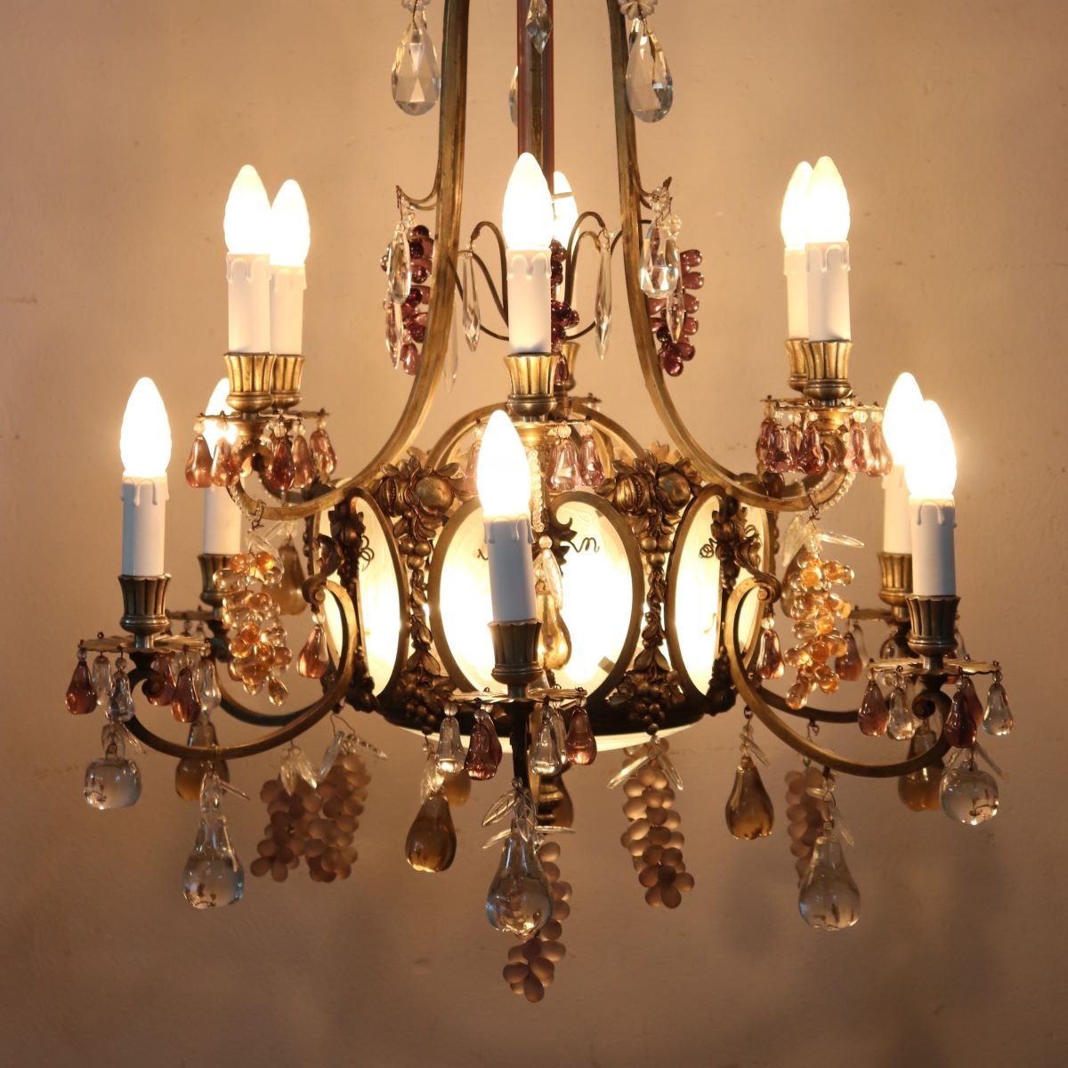 Bronze Chandelier With Glass Fruit-shaped Pendants, 19 Bulbs, Italy, Early 20th Century-photo-6