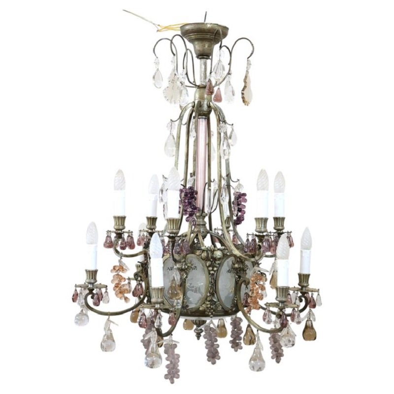 Bronze Chandelier With Glass Fruit-shaped Pendants, 19 Bulbs, Italy, Early 20th Century