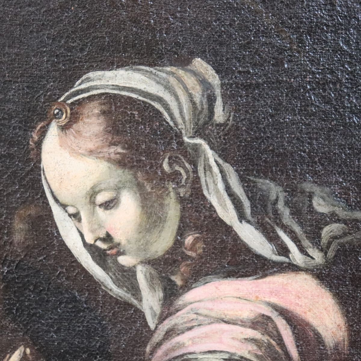 Peinture à l'huile sur toile, Vierge à l'Enfant et ange, Italie, XVIIe siècle-photo-5