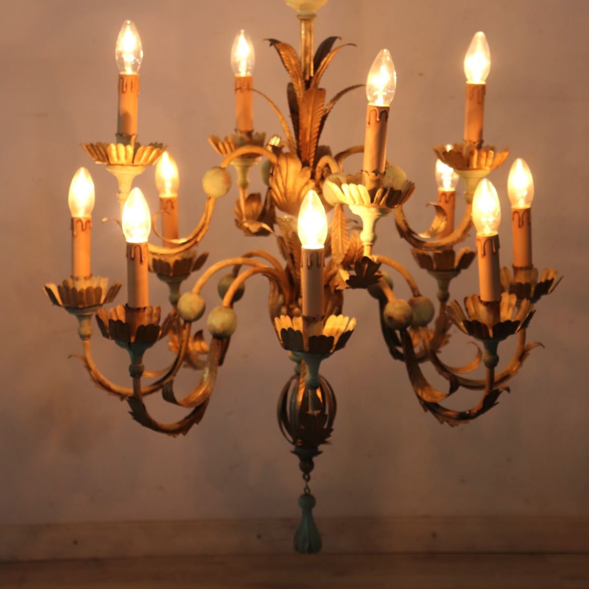 Chandelier Made Of Lacquered Wood And Iron, 12 Bulbs, Early 20th Century-photo-2