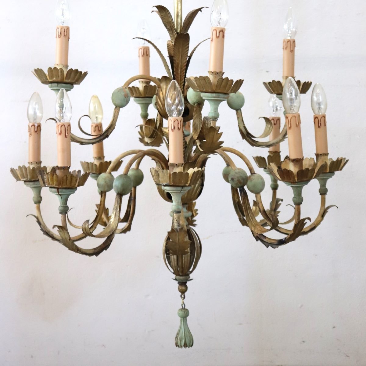 Chandelier Made Of Lacquered Wood And Iron, 12 Bulbs, Early 20th Century-photo-4