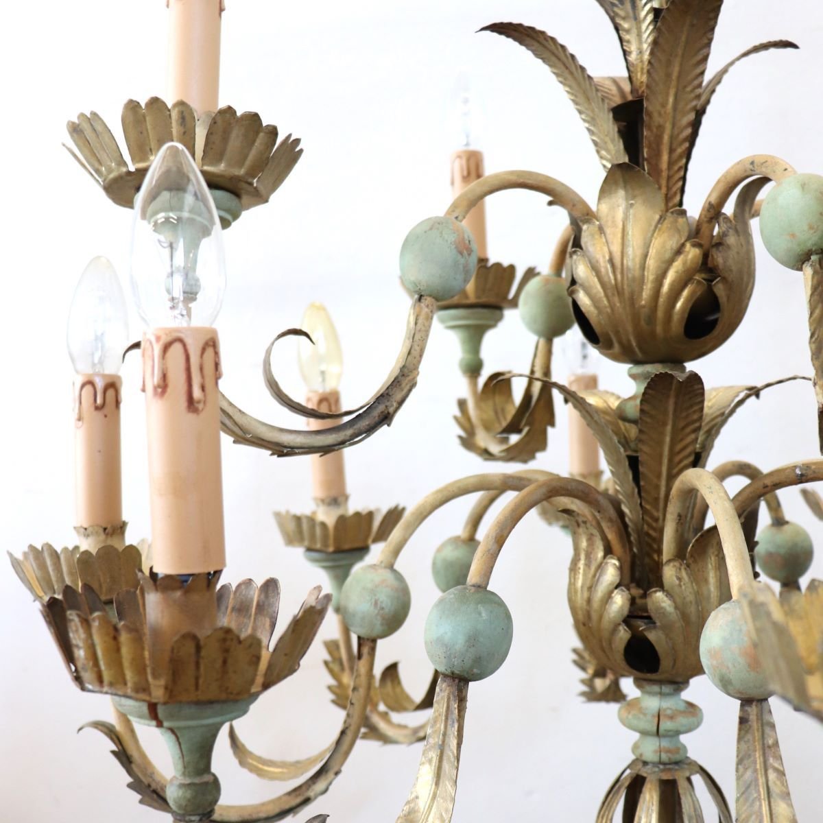 Chandelier Made Of Lacquered Wood And Iron, 12 Bulbs, Early 20th Century-photo-3