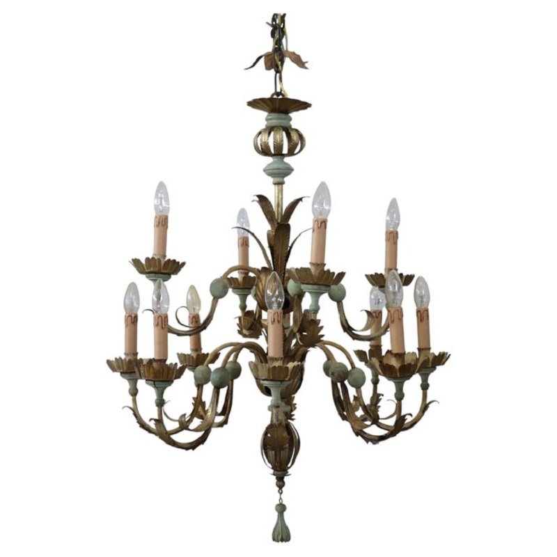 Chandelier Made Of Lacquered Wood And Iron, 12 Bulbs, Early 20th Century
