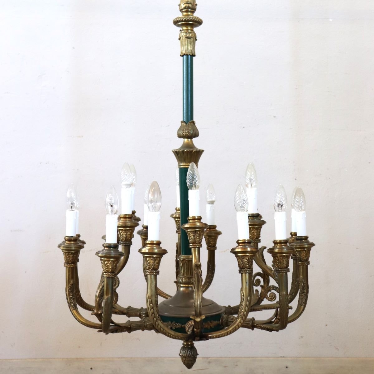 Chandelier In Gilded Bronze And Green-lacquered Metal, 18 Bulbs, Italy, Early 20th Century.-photo-2