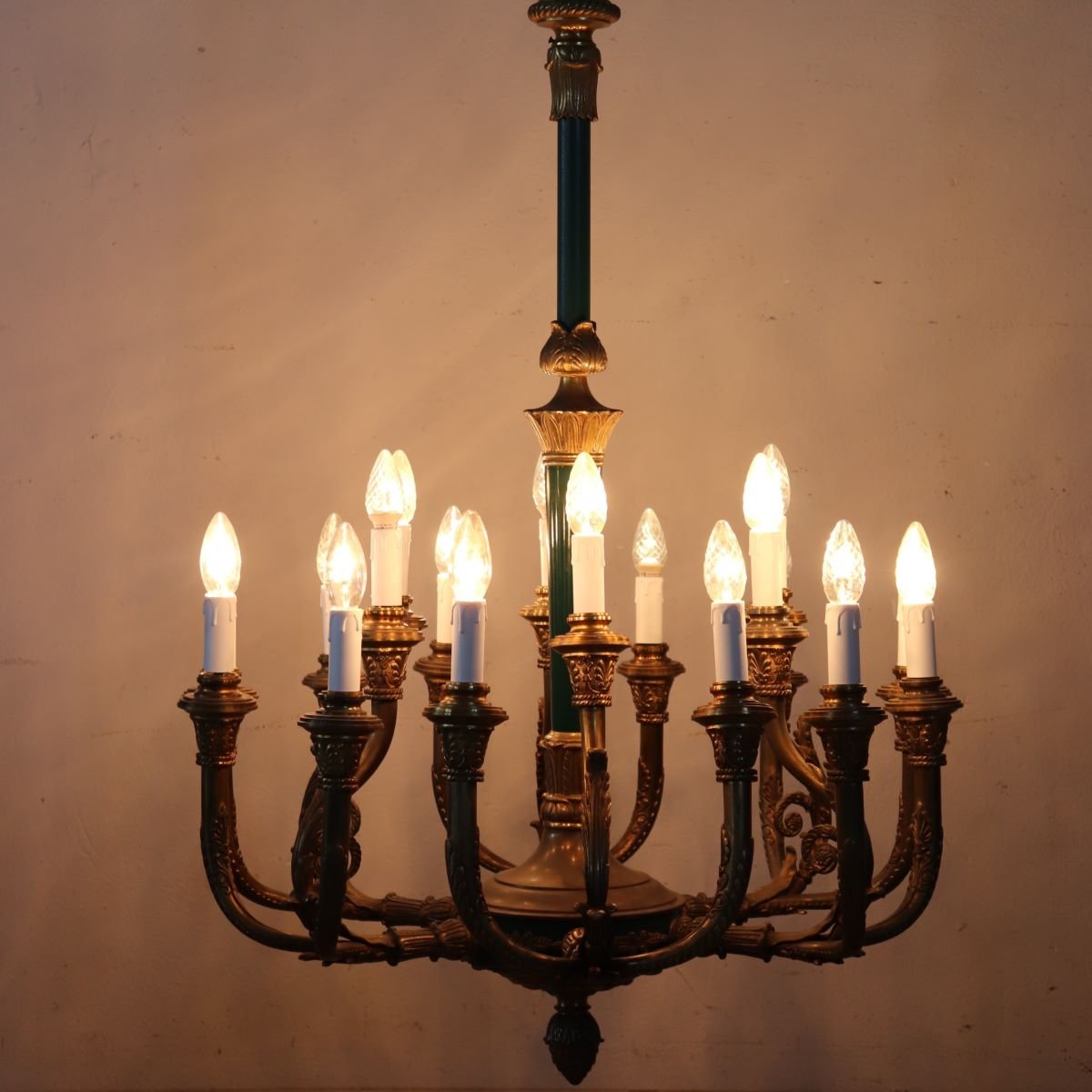 Chandelier In Gilded Bronze And Green-lacquered Metal, 18 Bulbs, Italy, Early 20th Century.-photo-3