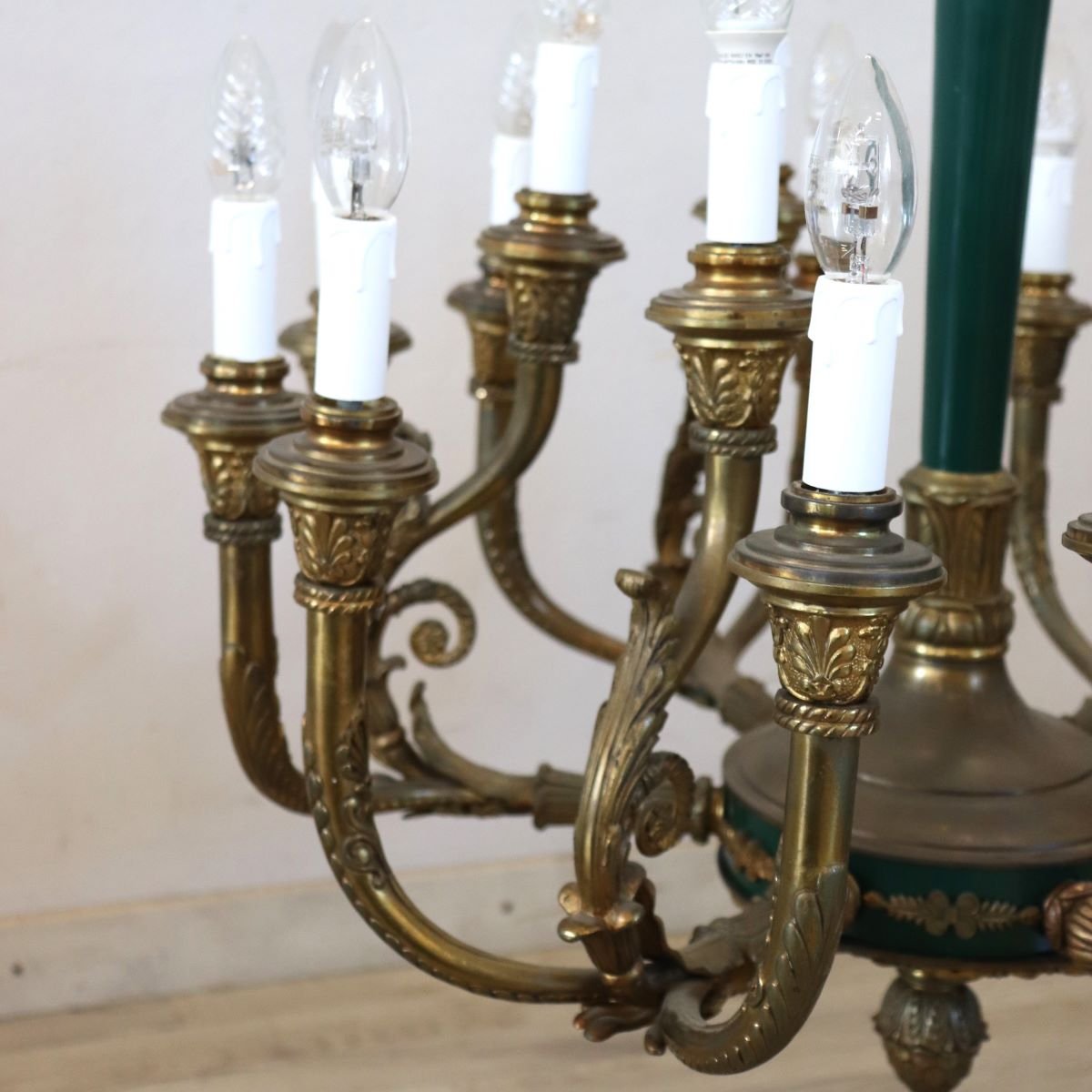 Chandelier In Gilded Bronze And Green-lacquered Metal, 18 Bulbs, Italy, Early 20th Century.-photo-4