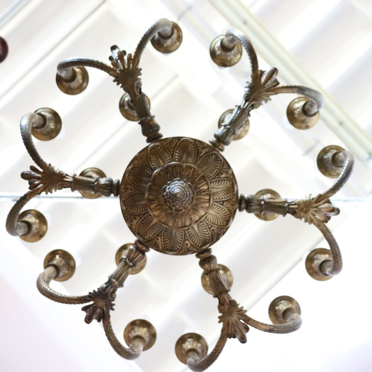 Chandelier In Gilded Bronze And Green-lacquered Metal, 18 Bulbs, Italy, Early 20th Century.-photo-3