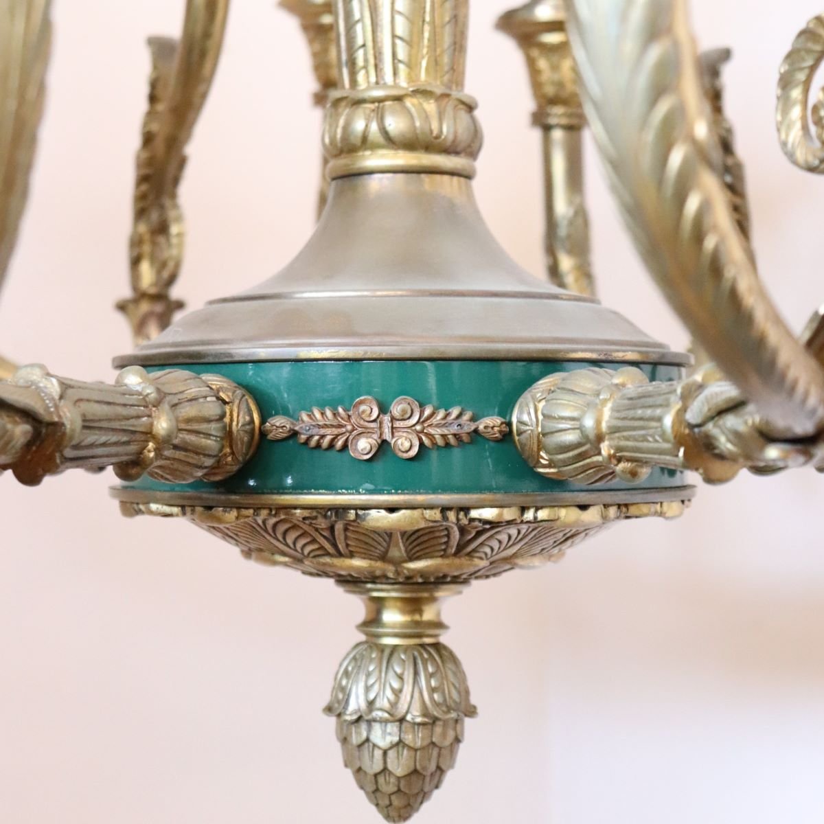 Chandelier In Gilded Bronze And Green-lacquered Metal, 18 Bulbs, Italy, Early 20th Century.-photo-5