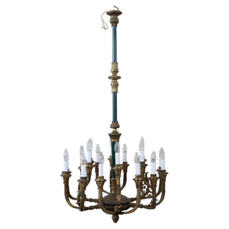 Chandelier In Gilded Bronze And Green-lacquered Metal, 18 Bulbs, Italy, Early 20th Century.