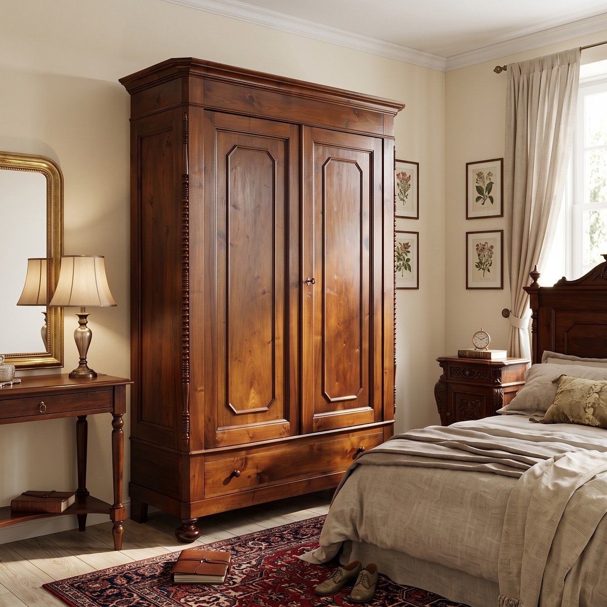 Antique Wardrobe Made Of Solid Walnut, Restored, Italy, Mid-19th Century-photo-3