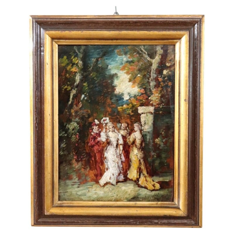 Peinture à l'huile sur bois du 19e siècle, scène galante, signée