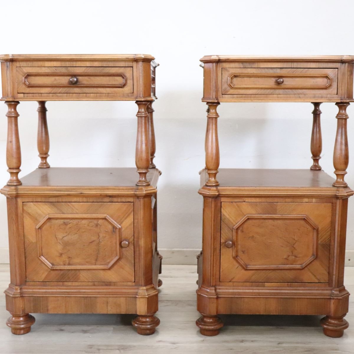 Pair Of Antique Walnut Nightstands, Italy, Late 19th Century-photo-3