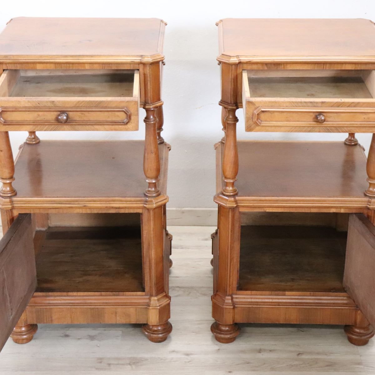 Pair Of Antique Walnut Nightstands, Italy, Late 19th Century-photo-4