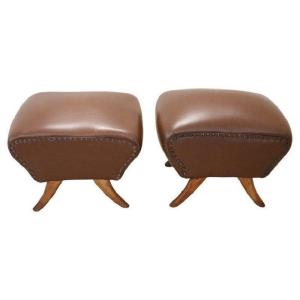 Mid-century Brown Faux Leather Poufs, Set Of 2