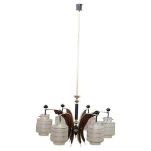 Mid-century Italian Glass Bowls, Wood, Brass And Black Lacquered Metal Chandelier, 1950s