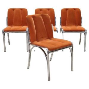 Dining Chairs In Chromed Metal And Orange Velvet, 1970s