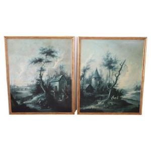 Grands Paysages Monochromes, 18ème Siècle, Peintures à l'Huile Sur Toile