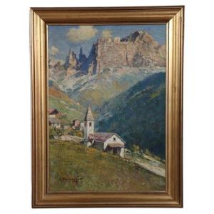 Cesare Bentivoglio, Mountain Landscape With Church, 1930s, Oil On Canvas