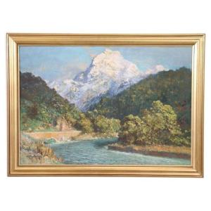 Cesare Bentivoglio, Mountain Landscape With River, 1930s, Oil On Canvas