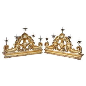 Antique Candleholders In Carved And Gilded Wood, 18th Century, Set Of 2