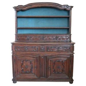 Antique Sideboard In Solid Walnut With Plate Rack, 17th Century