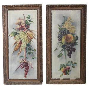 Composition Art Nouveau Avec Fleurs Et Fruits, Huile Sur Toile, Set De 2