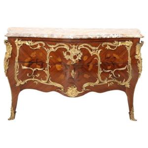 Commode à Tiroirs Ancienne En Bois Marqueté Et Bronze Doré Avec Plateau En Marbre