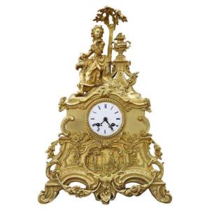 Horloge De Table Antique En Bronze Doré, 19ème Siècle