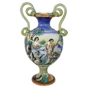 Grand Vase Ancienne En Majolique Peint à La Main, 19ème Siècle