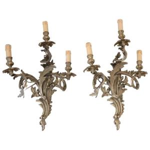 Appliques Murales Antiques En Bronze Doré, Set De 2